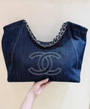 CHANEL 25S VINTEGA DENIM TOTE BAG 48 IN BLUE DENIM SILVER HARDWARE