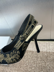 J'ADIOR HIGH SLINGBACK PUMP BLACK AND GOLD-TONE MILLEFIORI JACQUARD 95 MM