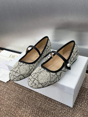 D-RAMOUR BALLET FLATS IN WHITE MIX BLACK EMBROIDERED CANNAGE TWEED