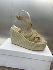 D-CLUB 25S HIGH HEEL WEDGE 100MM IN GOLDEN BEIGE CALFSKIN RAFFIA SOLE