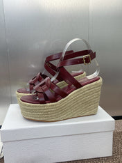 D-CLUB 25S HIGH HEEL WEDGE 100MM IN BURGUNDY RED CALFSKIN RAFFIA SOLE