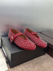 ALAIA MARY JANE FLAT 25S IN DARK RED LAMBSKIN EMBELLISHED WITH CRYSTALS