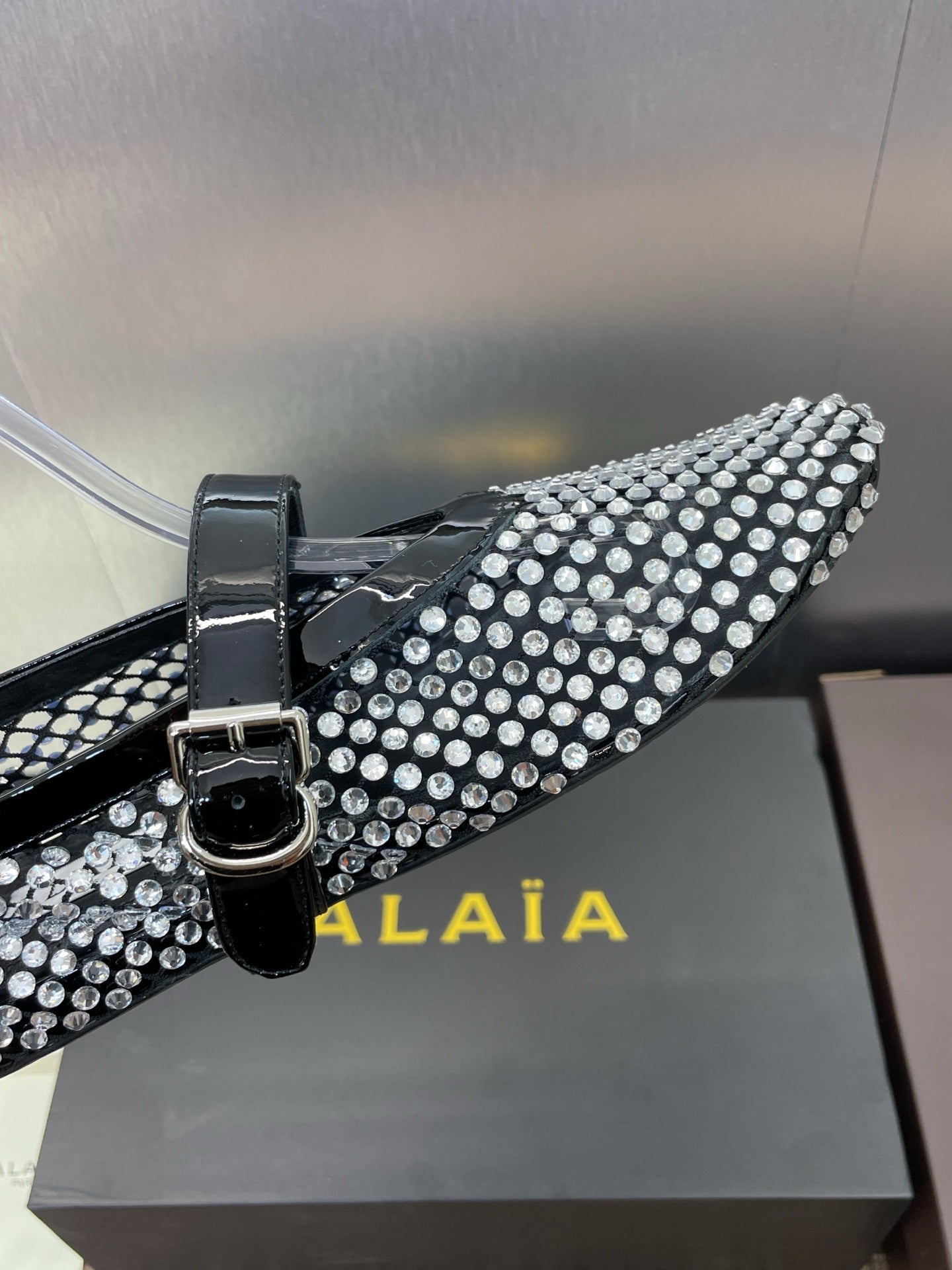 ALAIA MARY JANE FLAT 25S IN BLACK LAMBSKIN EMBELLISHED WITH CRYSTALS
