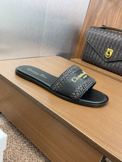 DIOR 25S D-LANE SLIDE BLACK CALFSKIN AND BLACK BRAIDED RAFFIA