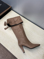 YSL 25S HIGH‑HEEL FRINGED MARTIN BOOTS 90 MM IN CHESTNUT BROWN LAMBSKIN