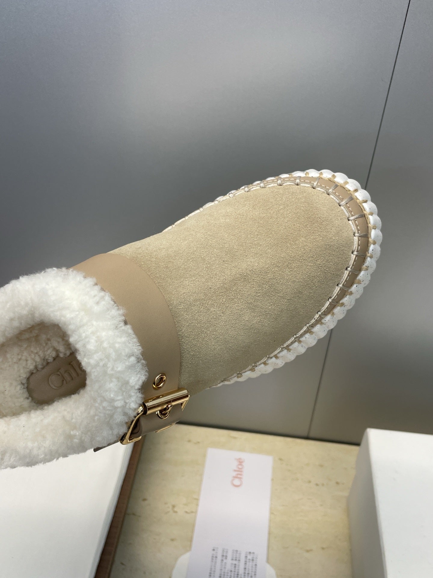 CHLOÉ 26S FUR-LINED WEDGE MULES IN DARK BEIGE SUEDE