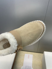 CHLOÉ 26S FUR-LINED WEDGE MULES IN DARK BEIGE SUEDE