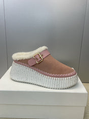 CHLOÉ 26S FUR-LINED WEDGE MULES IN LIGHT PINK SUEDE
