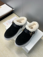 CHLOÉ 26S FUR-LINED WEDGE MULES IN BLACK SUEDE