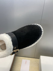 CHLOÉ 26S FUR-LINED WEDGE MULES IN BLACK SUEDE