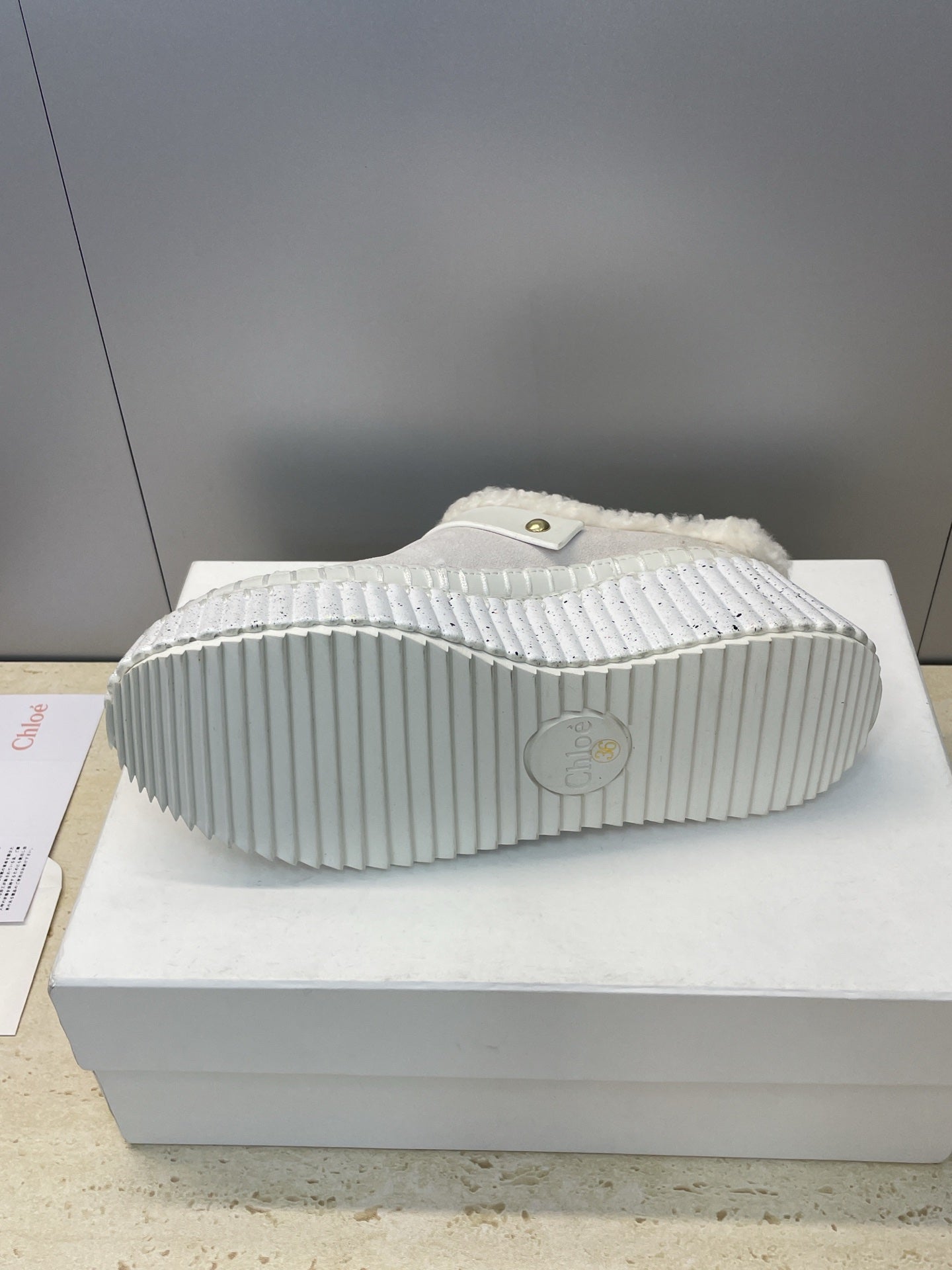 CHLOÉ 26S FUR-LINED WEDGE MULES IN LIGHT GREY SUEDE