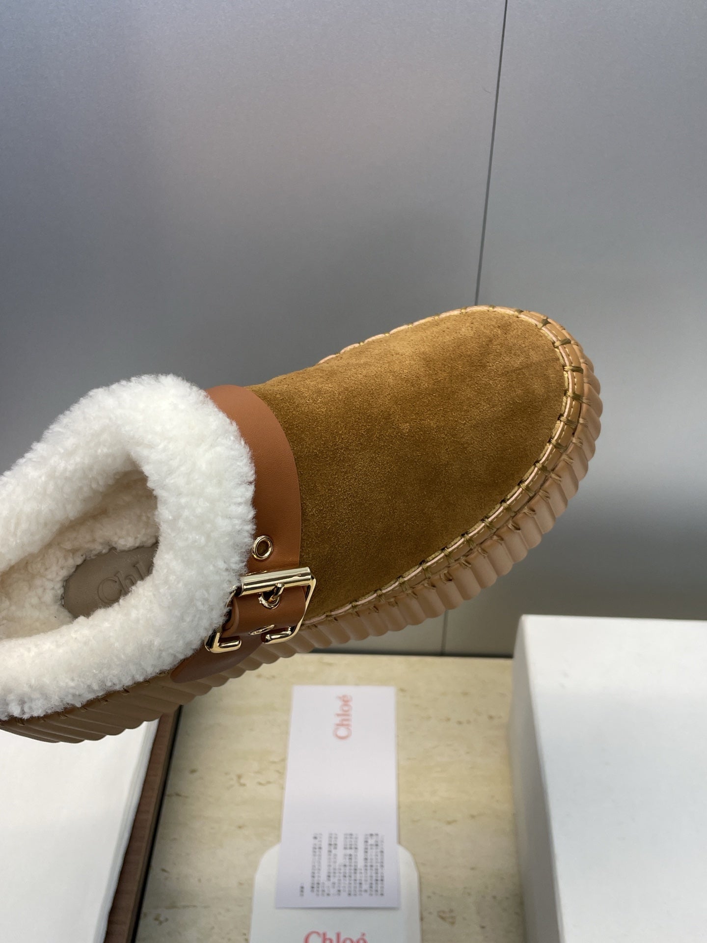 CHLOÉ 26S FUR-LINED WEDGE MULES IN BROWN SUEDE
