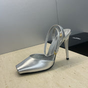 YSL 26S HEELED SANDALS 95 MM IN SILVER CALFSKIN