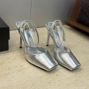YSL 26S HEELED SANDALS 95 MM IN SILVER CALFSKIN