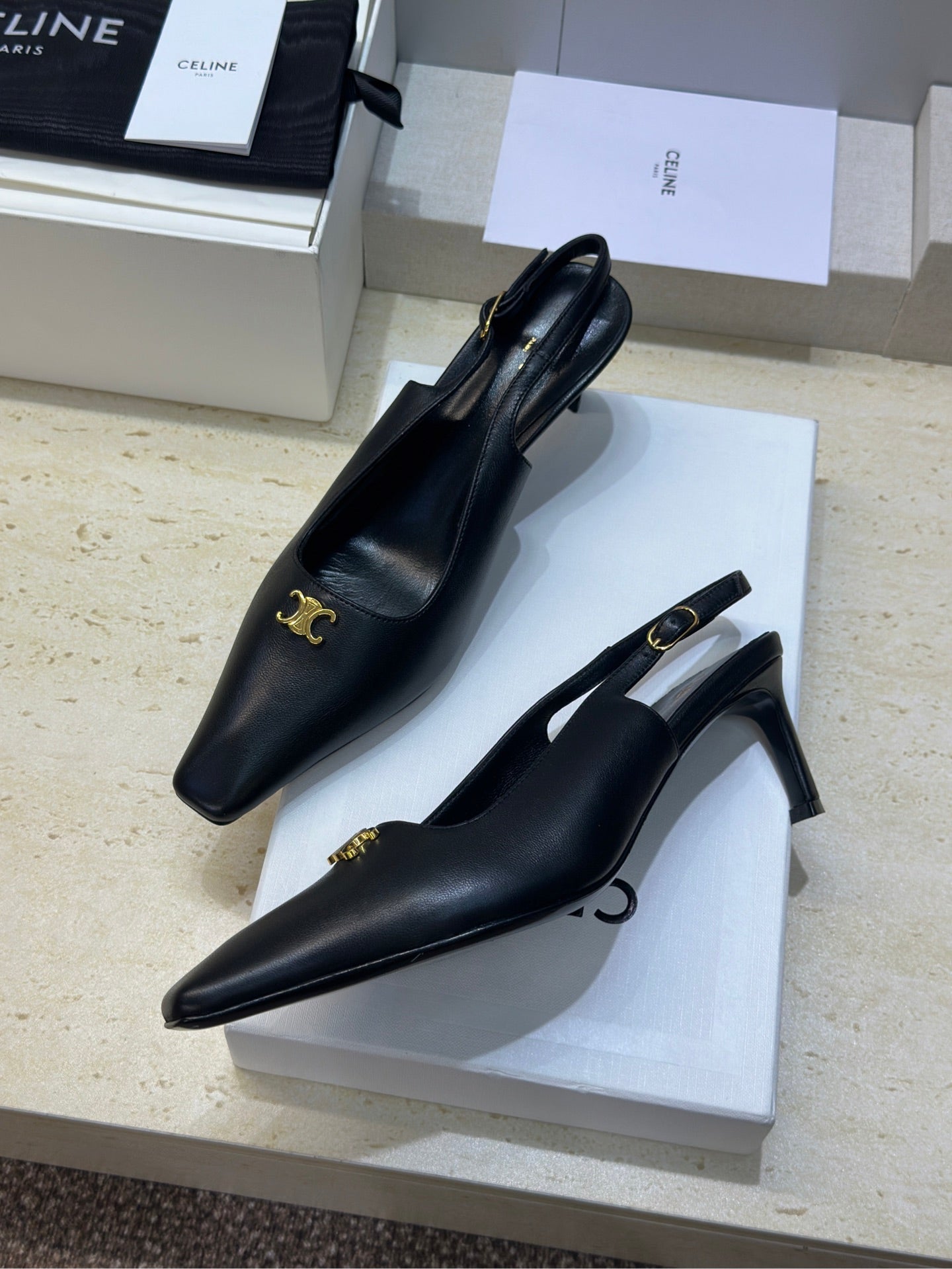 CELINE 26S SLINGBACK HEELS 65 MM IN BLACK CALFSKIN