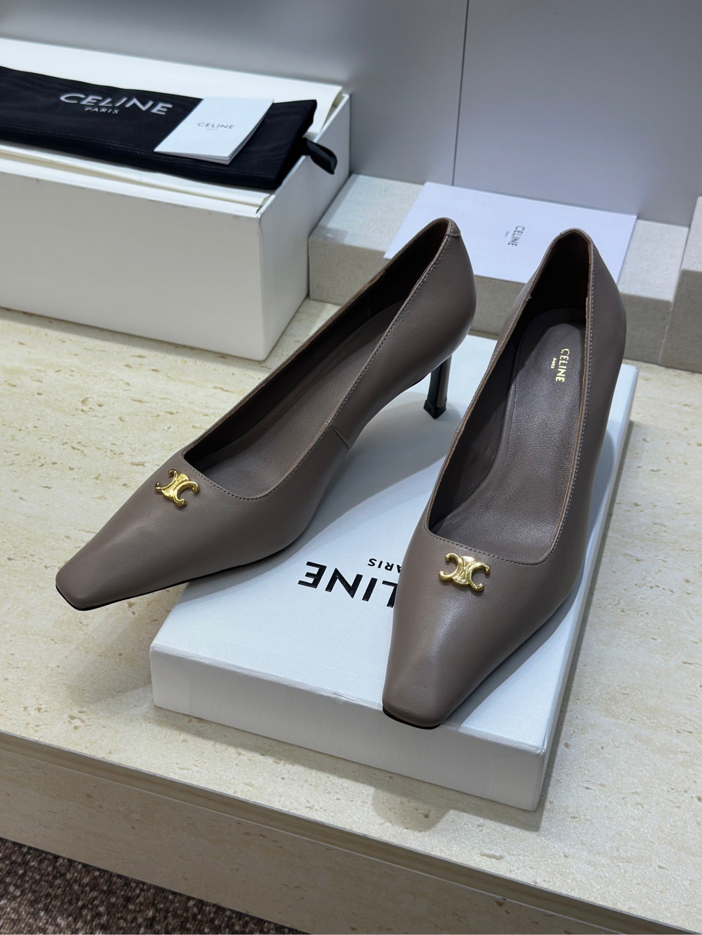 CELINE 26S HIGH HEELS 65 MM IN BEIGE GREY CALFSKIN