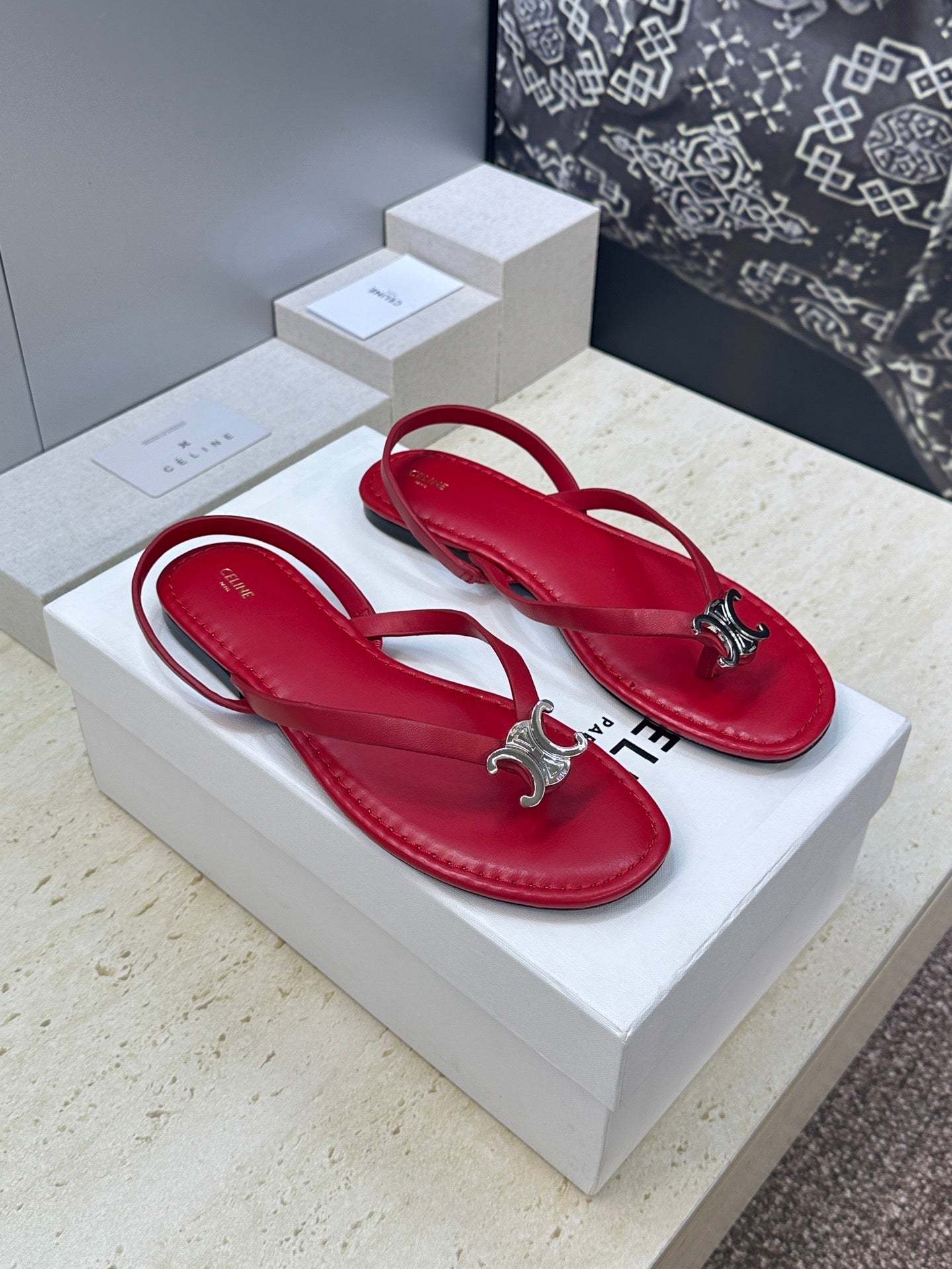 CELINE 26S THONG SANDALS IN RED CALFSKIN