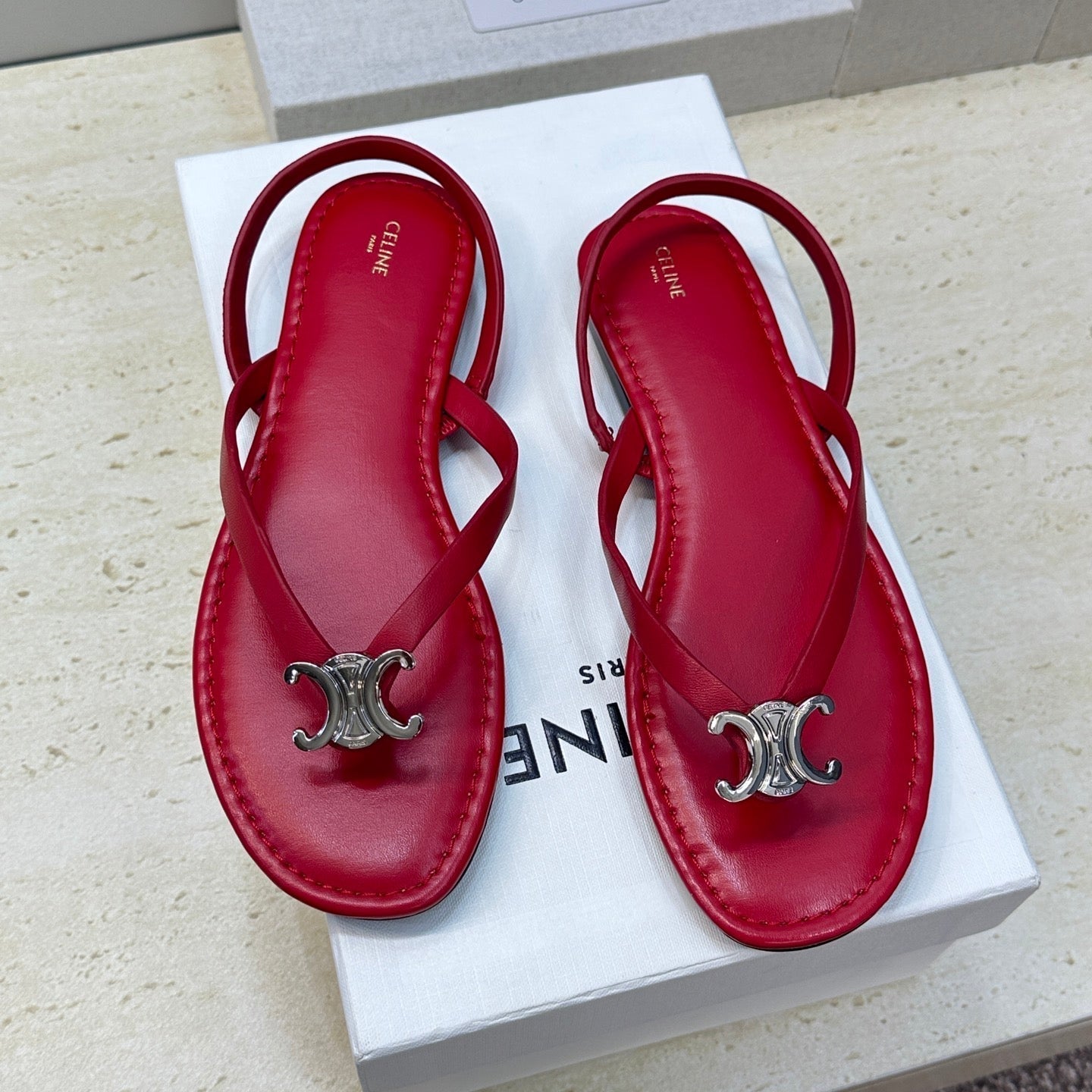 CELINE 26S THONG SANDALS IN RED CALFSKIN