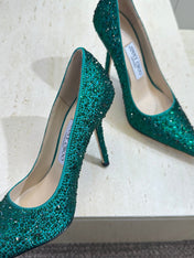 JIMMY CHOO 26S HIGH HEELS 95 MM IN GREEN CRYSTAL-EMBELLISHED