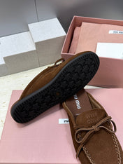 MIUMIU 26S SNEAKER MULES IN DARK BROWN SUEDE WITH BOW