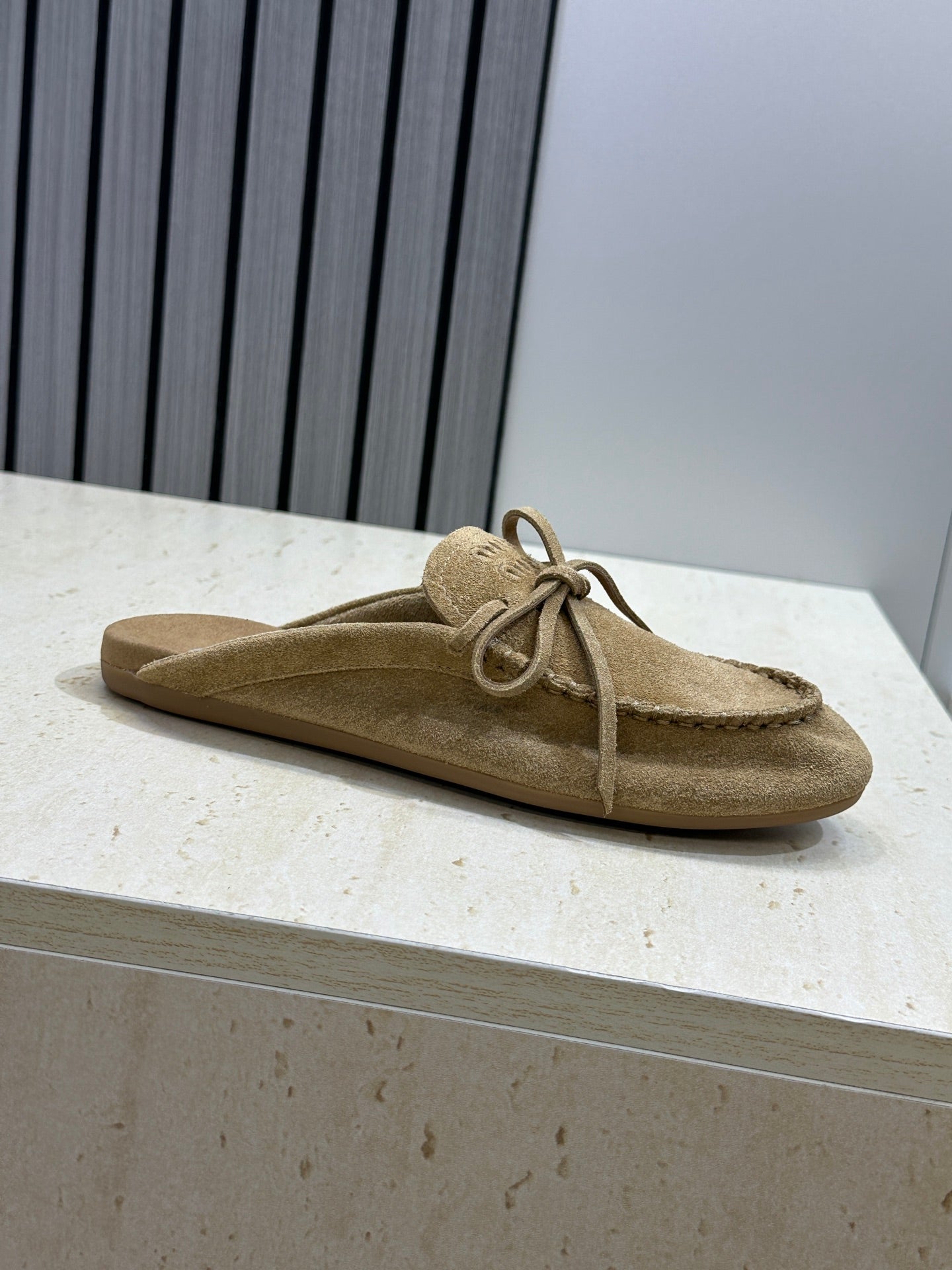 MIUMIU 26S SNEAKER MULES IN OLIVE BROWN SUEDE WITH BOW