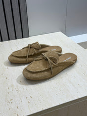 MIUMIU 26S SNEAKER MULES IN OLIVE BROWN SUEDE WITH BOW