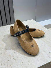MIUMIU 26S MARY JANE FLATS IN TAN BROWN SUEDE WITH BUCKLE STRAP CALFSKIN
