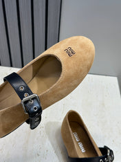MIUMIU 26S MARY JANE FLATS IN TAN BROWN SUEDE WITH BUCKLE STRAP CALFSKIN