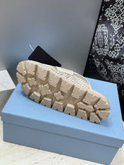 PRADA 26S MULE LOAFERS IN BEIGE MESH AND CALFSKIN