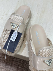PRADA 26S MULE LOAFERS IN BEIGE MESH AND CALFSKIN