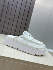 PRADA 26S MULE LOAFERS IN WHITE MESH AND CALFSKIN