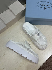 PRADA 26S MULE LOAFERS IN WHITE MESH AND CALFSKIN