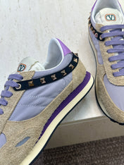 VALENTINO 26S BUTTERFLY EMBROIDERED SNEAKERS IN BEIGE SUEDE & PURPLE FABRIC