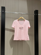 CC Hand-beaded Coco letter U-neck T-shirt Cotton