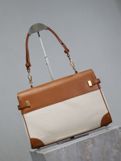 MANHATTAN HANDBAG 32 IN BROWN CALFSKIN AND WHITE CANVAS GOLD HARDWARE