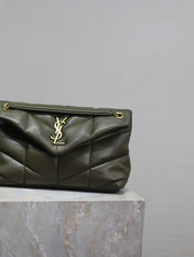 YSL 25S LOULOU PUFFER MM 29 IN DARK OLIVE CALFSKIN GOLD HARDWARE