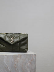 YSL 25S LOULOU PUFFER MINI 23 IN DARK OLIVE CALFSKIN GOLD HARDWRE