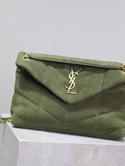YSL 25S LOULOU PUFFER MM 29 IN GREEN SUEDE GOLD HARDWRE