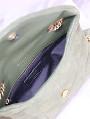 YSL 25S LOULOU PUFFER MINI 23 IN GREEN SUEDE GOLD HARDWRE