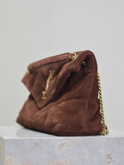 YSL 25S LOULOU PUFFER MM 29 IN DARK BROWN SUEDE GOLD HARDWARE