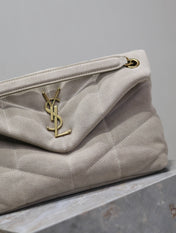 YSL 25S LOULOU PUFFER MM 29 IN SMOKEY TAUPE SUEDE GOLD HARDWRE