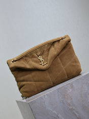 YSL 25S LOULOU PUFFER MM 29 IN TAN BROWN SUEDE GOLD HARDWRE