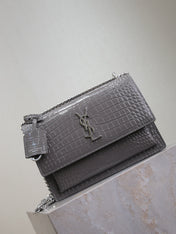 YSL 25S SUNSET MEDIUM 22 IN DARK GRAY CROCODILE-EMBOSSED SHINY CALFSKIN SILVER HARDWARE