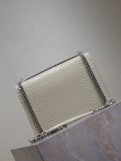 YSL 25S SUNSET MEDIUM 22 IN IVORY CROCODILE-EMBOSSED SHINY CALFSKIN SILVER HARDWARE