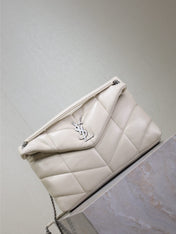 YSL 25S LOULOU PUFFER GM 35 IN SMOKEY TAUPE CALFSKIN SILVER HARDWRE
