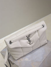YSL 25S LOULOU PUFFER MM 29 IN SMOKEY TAUPE CALFSKIN SILVER HARDWARE