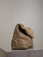 YSL 25S LOULOU PUFFER MM 29 IN BROWN CALFSKIN GOLD HARDWRE