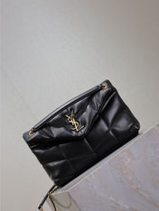 YSL 25S LOULOU PUFFER MM 29 IN BLACK CALFSKIN GOLD HARDWARE