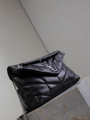 YSL 25S LOULOU PUFFER GM 35 IN BLACK CALFSKIN SILVER HARDWARE