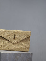 YSL 25S CASSANDRE LARGE ENVELOPE POUCH 29 IN NATURAL RAFFIA GOLD HARDWARE